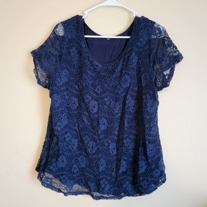 Blue Floral Lace Top Short Sleeve
